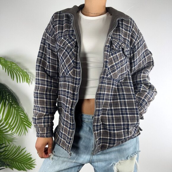 Vintage 90s Grunge Indie Granola Girl Gorpcore Casual Flannel Zip Up Shacket / L - Picture 4 of 8